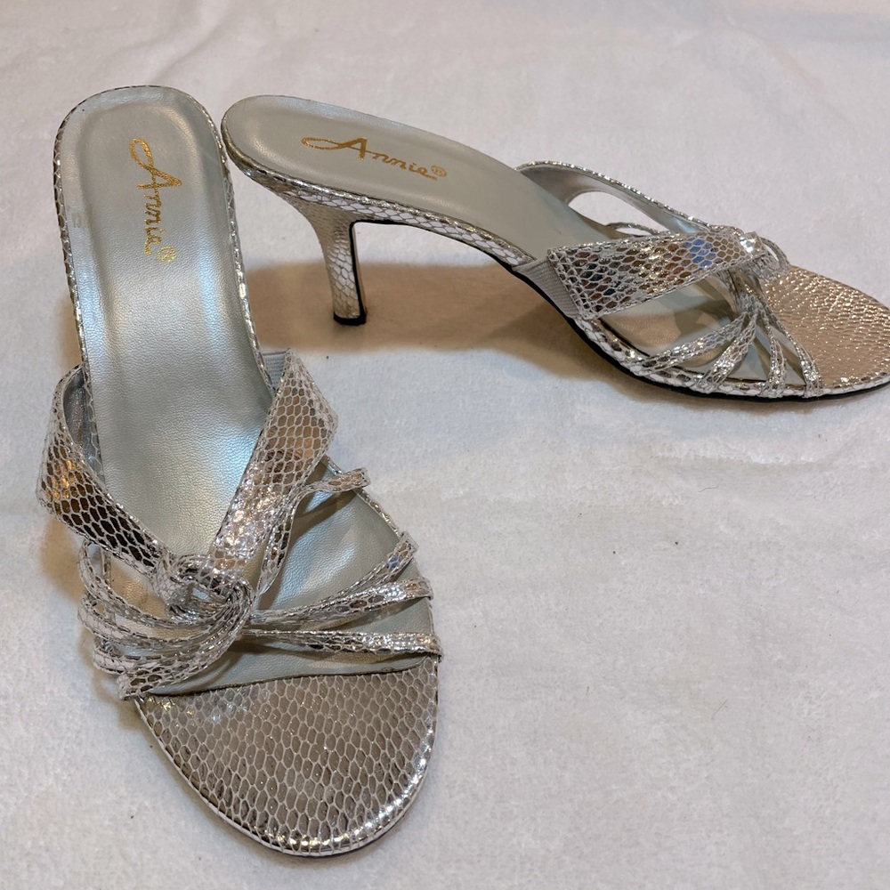 Shiny Silver Leather Slides